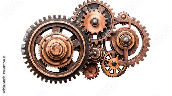 Fototapeta Assorted bronze gears and cogs connected mechanism, cut out transparent