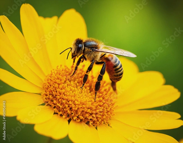 Obraz The bee sits on the flower, collects nectar.