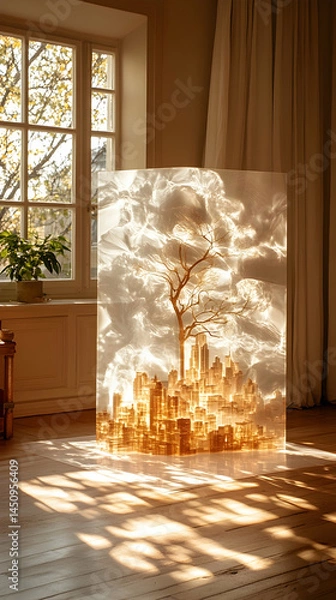 Fototapeta A translucent, resin panel showcases a miniature city scape, complete with a bare tree, bathed in sunlight filtering through a window