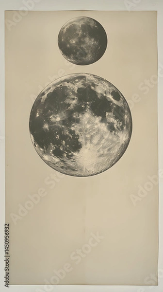 Fototapeta Celestial bodies, moon and earth, depicted in a vertical arrangement against a neutral backdrop.  Detailed grayscale images of celestial bodies