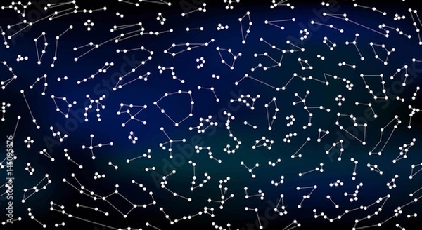 Obraz Raster illustration.  Seamless pattern for decoration, design. Astronomy different constellations  on a deep space gradient background of the bright stars. Glowing lines and points. Star chart, map