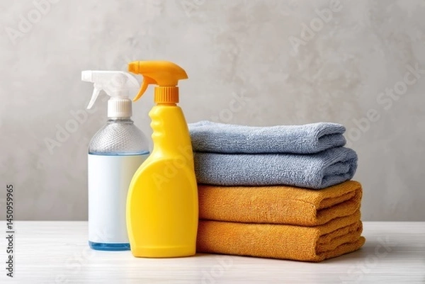 Fototapeta Cleaning products and stacked towels on table: preparing for housekeeping