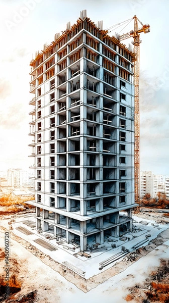 Fototapeta Elevated view of a tall, modern skyscraper under construction, showcasing the steel framework and unfinished exterior