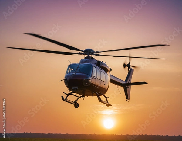 Obraz .The helicopter flies in the sky against the background of sunset.