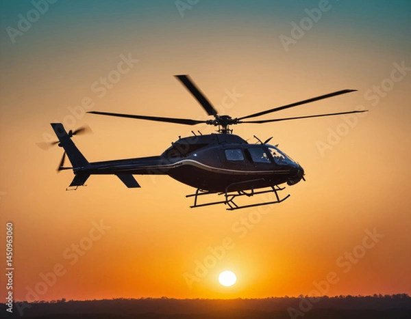 Obraz .The helicopter flies in the sky against the background of sunset.