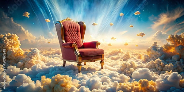 Fototapeta A luxurious red armchair sits atop soft clouds as golden sun rays burst through a vibrant sky at dawn. The setting exudes a surreal, whimsical charm that invites imagination