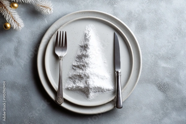Fototapeta Sugar formed like Christmas tree shape on decorative plate. Fork and knife are arranged neatly beside it