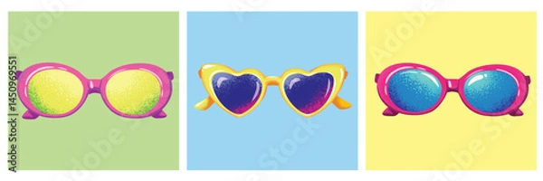 Fototapeta Colorful sunglasses, summer shades in different shapes and colors vector set, summer vacation concept 