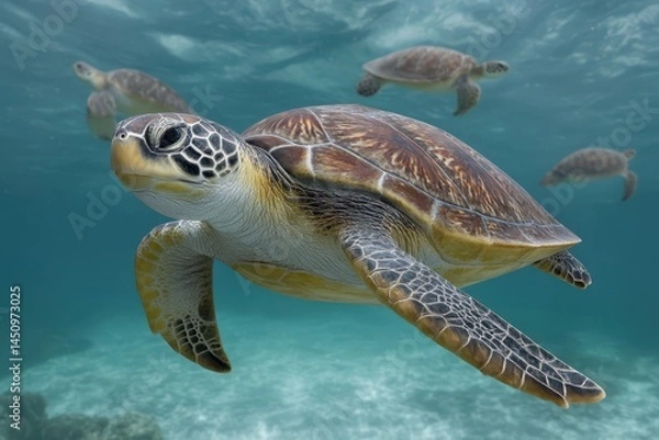 Obraz Green sea turtle swimming in turquoise water with other turtles in background
