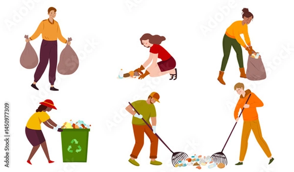 Obraz Set of six volunteers cleaning up litter, sorting recyclables, and promoting environmental responsibility through teamwork and action. Diverse people collecting and sorting trash. Vector art.