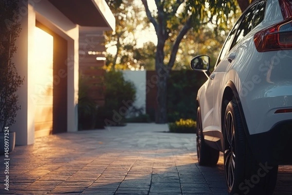 Fototapeta A white car is parked on a modern driveway surrounded by greenery. The sun sets in the background, casting warm light that enhances the tranquil atmosphere of the residential area.