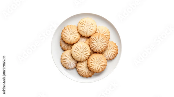 Fototapeta Overhead view of a plate filled with patterned shortbread cookies isolated on transparent background	