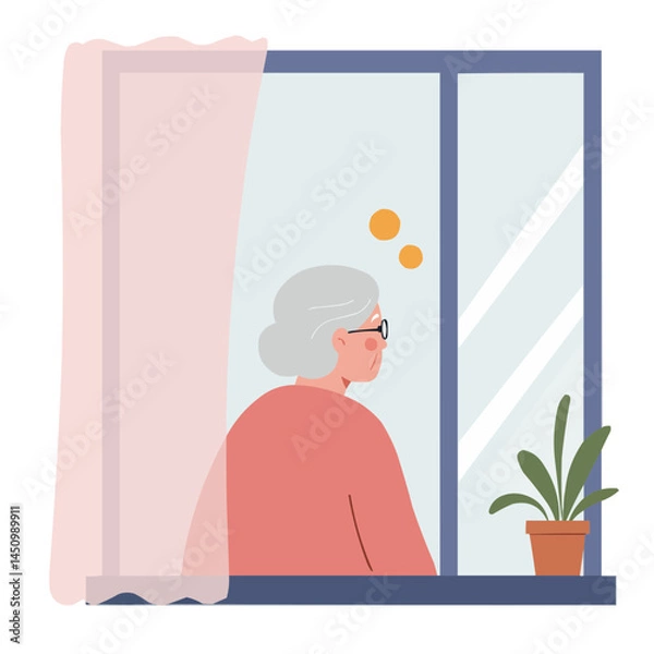 Fototapeta Elderly woman staring out window - thoughtful senior woman gazing through window, her wrinkled face bathed in soft light, atmosphere of nostalgia and quiet reflection.