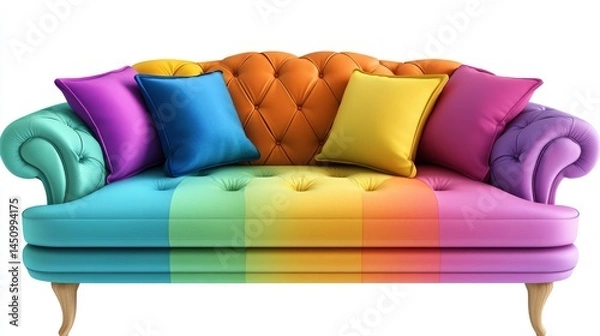 Fototapeta Upholstery that is vibrant, paired with cushions in a variety of colors, set against a white background