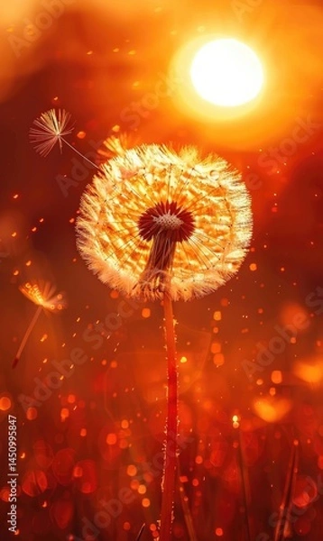 Fototapeta Wallpaper of flying dandelion plant with a beautiful nature background Generate AI