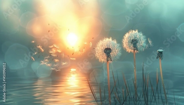 Fototapeta Wallpaper of flying dandelion plant with a beautiful nature background Generate AI