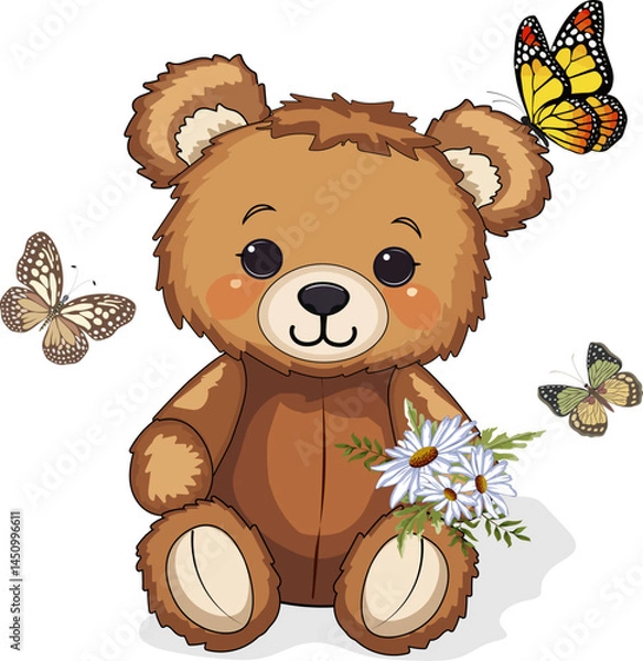Fototapeta Teddy bear with flowers.Vector illustration with a teddy bear and butterflies on a transparent background.
