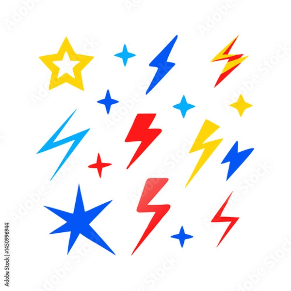 Fototapeta Colorful Star And Lightning Bolt Vector Design Isolated On Black Background