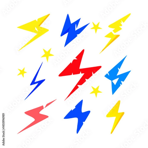 Fototapeta Colorful Cartoon Lightning Bolts And Stars On Black Background Decorative Pattern