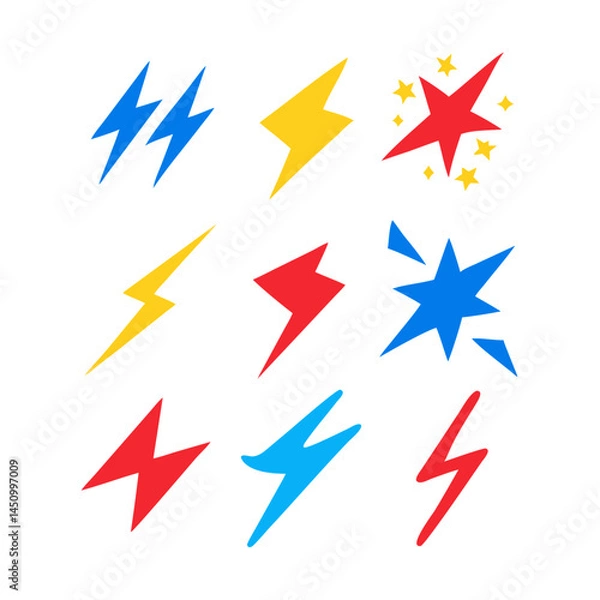 Fototapeta Collection Of Colorful Lightning Bolt And Explosion Icon Vector Set On Black