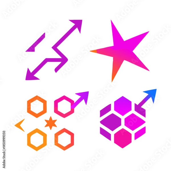 Obraz Vibrant Gradient Geometric Shapes With Arrows And Hexagons On Black Background