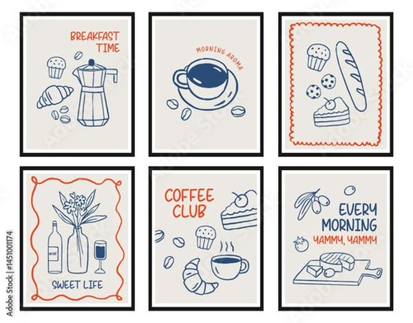 Fototapeta Breakfast doodles poster collection. Vector illustration of croissant and coffee, crayon drawing