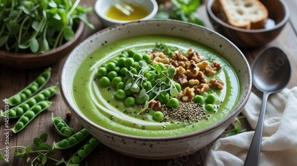 Fototapeta Creamy Pea & Zucchini Soup – Velvety, Fresh & Nutrient-Packed in Handmade Ceramic Bowl