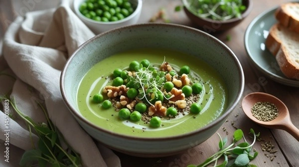 Fototapeta Creamy Pea & Zucchini Soup – Velvety, Fresh & Nutrient-Packed in Handmade Ceramic Bowl