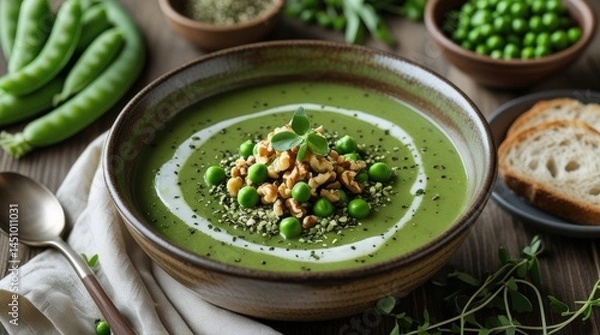 Fototapeta Creamy Pea & Zucchini Soup – Velvety, Fresh & Nutrient-Packed in Handmade Ceramic Bowl