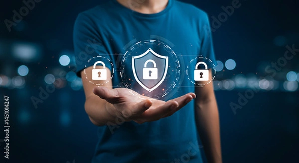 Fototapeta Person holding digital shield and locks symbolizing cybersecurity and data protection concept design selling, purchasing, agreement, $
