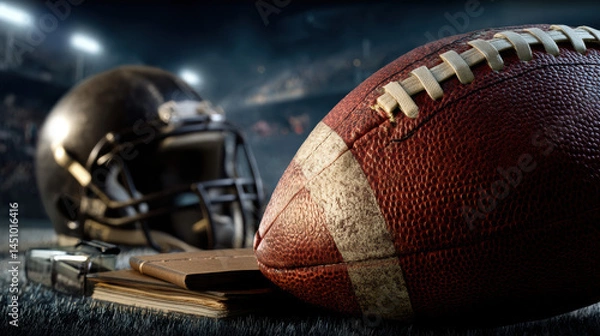 Obraz An american football resting on a playbook with a helmet in the background evokes a sense of preparation and intensity for the upcoming game on the field.
