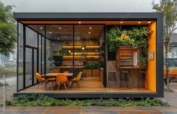 Obraz Modern modular cafe; city view; plants; meeting