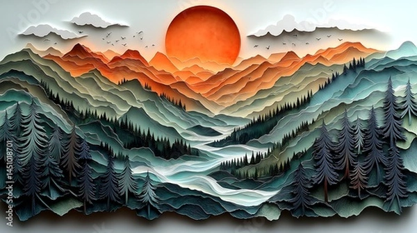 Fototapeta Abstract paper mountains in warm tones with trees high resolution photo
