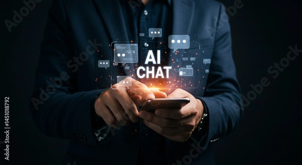 Fototapeta Person in suit using smartphone with ai chat interface and floating message bubbles around hands selling, purchasing, agreement, $
