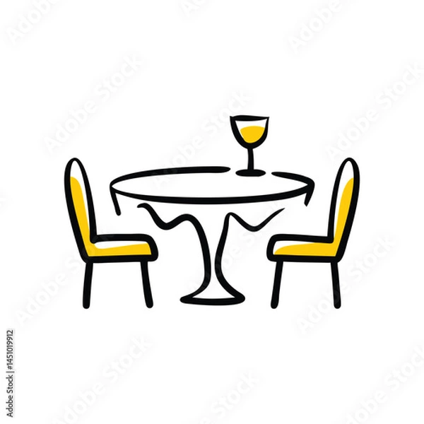 Fototapeta Romantic Candlelight Dinner Doodle Vector, Dining Table with Wine Bottle and Glass.