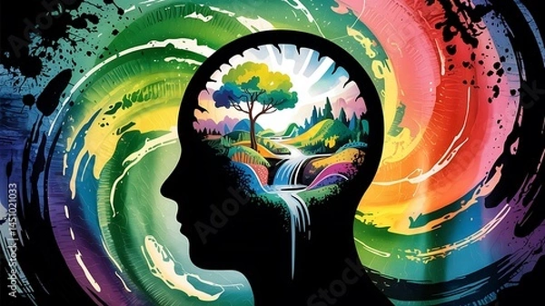 Fototapeta Silhouette head with landscape inside and colorful background