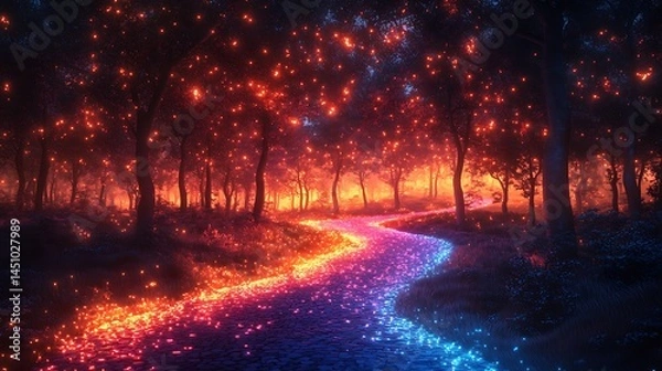 Fototapeta Fantasy forest glows with fiery rainbow trees and path high resolution photo
