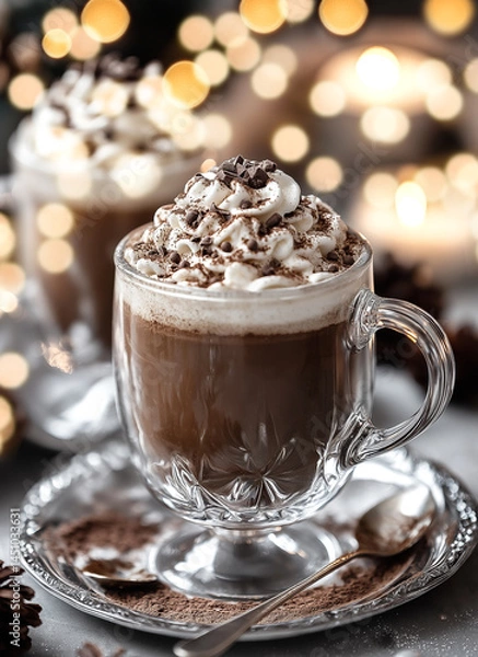 Obraz Cozy Hot Chocolate With Whipped Cream and Chocolate Sprinkles on Seasonal Decor generated with AI