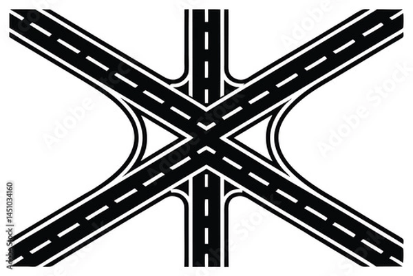 Fototapeta  Roads converging, aerial view, highway intersection, fork in the road, multiple lanes, white road markings, asphalt texture, geometric patterns, minimalist design, black and white, high contrast