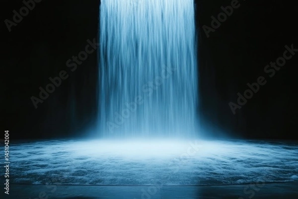 Obraz A dramatic waterfall cascade in cool blue light,  drops of water seem to form a soft mist on the black floor