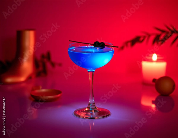 Fototapeta Blue Curacao cocktail with an electric blue glow in a designer glass, perfect for luxury drink presentations and branding