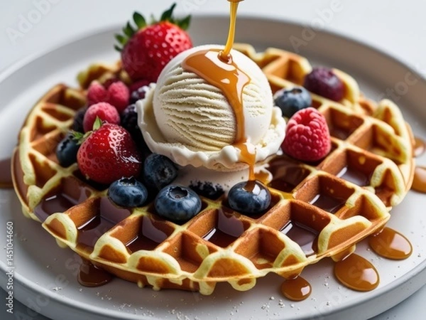 Fototapeta Decadent Belgian Waffle with Vanilla Ice Cream & Berry Compote – Glossy Caramel Drizzle on Crispy Golden Waffle