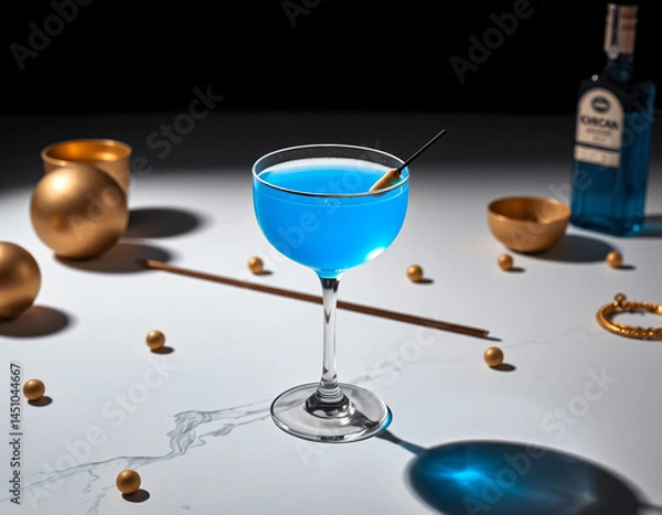 Fototapeta Blue Curacao cocktail with an electric blue glow in a designer glass, perfect for luxury drink presentations and branding