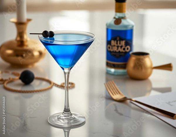 Fototapeta Blue Curacao cocktail with an electric blue glow in a designer glass, perfect for luxury drink presentations and branding