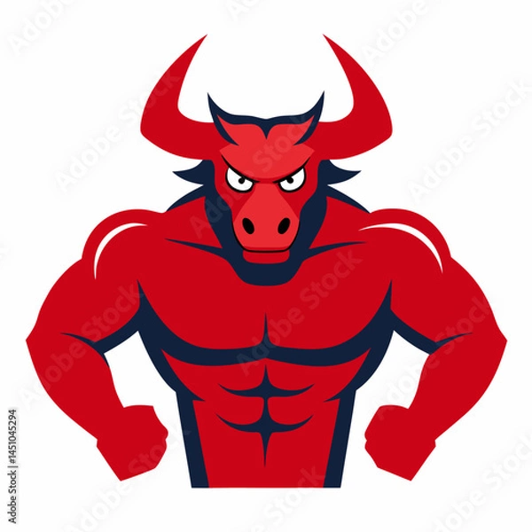 Fototapeta Powerful Red Bull: A fierce, muscular, red bull mascot with horns, glaring with power and strength. Perfect for a bold, competitive brand image.