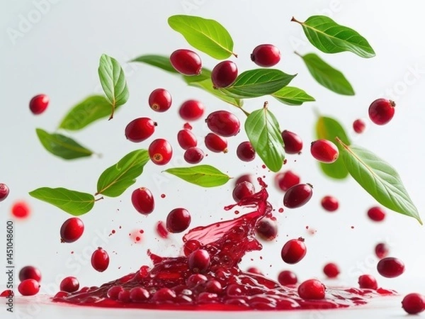 Fototapeta Swirling Fresh Cranberries in Motion – Vibrant Red Berries & Leaves Levitating on White