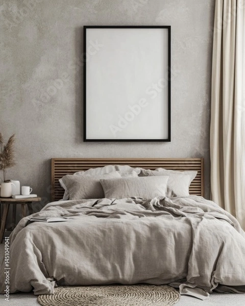 Fototapeta A bed with a white sheet and a black frame. A white framed picture is on the wall above the bed