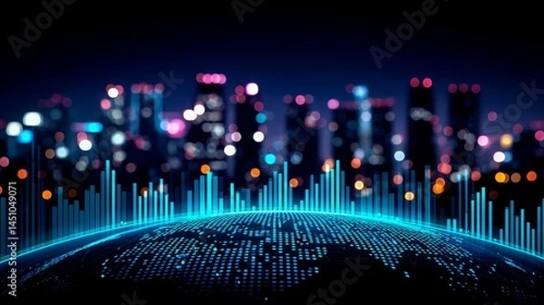Fototapeta Digital Globe with Sound Waves Against Blurred City Skyline at Night