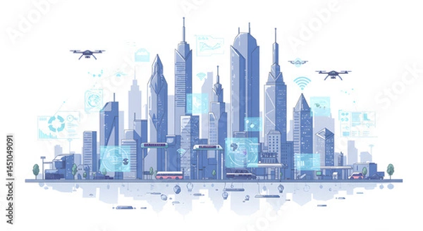 Fototapeta Futuristic smart city with connected buildings and AI technology