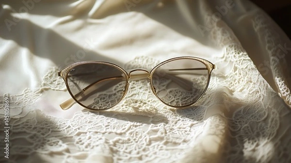Fototapeta Elegant sunglasses resting on a delicate lace cloth.